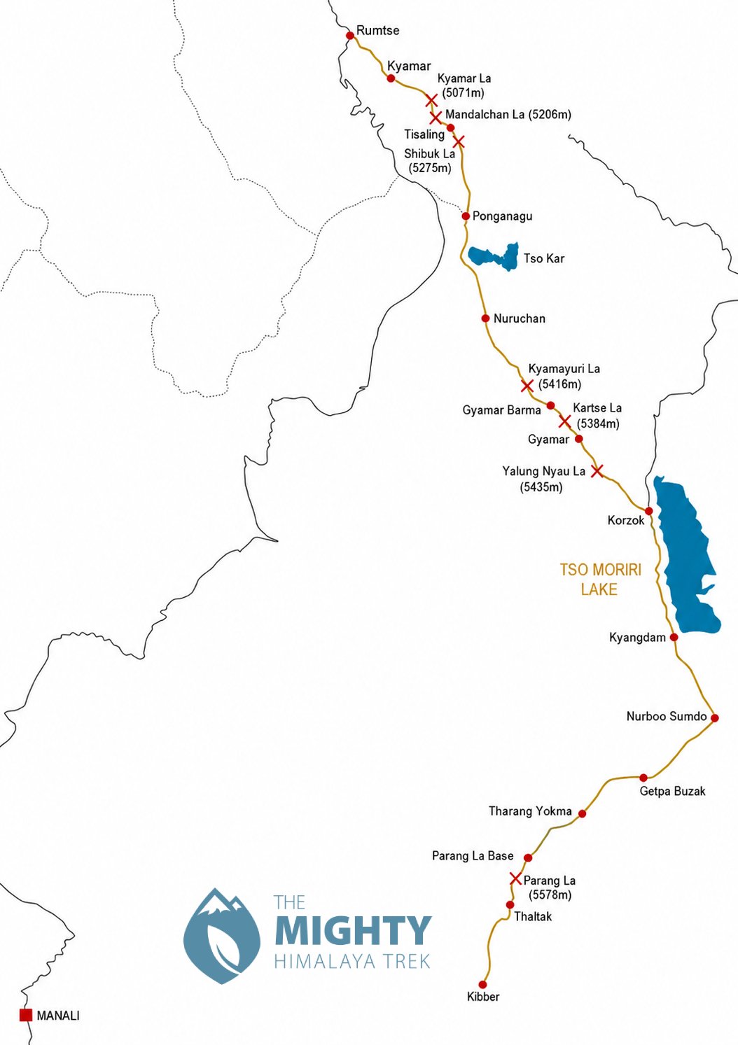 Rumtse to Kibber trek via Tso Moriri map